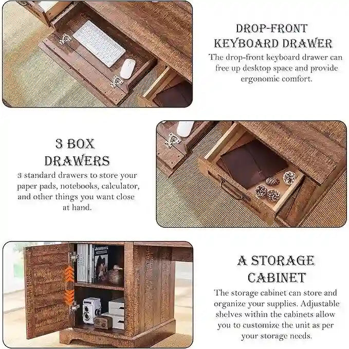 60" Farmhouse Executive Desk with Charging Station & File Drawer