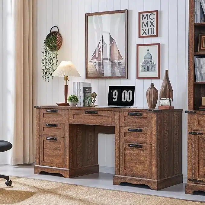 60" Farmhouse Executive Desk with Charging Station & File Drawer
