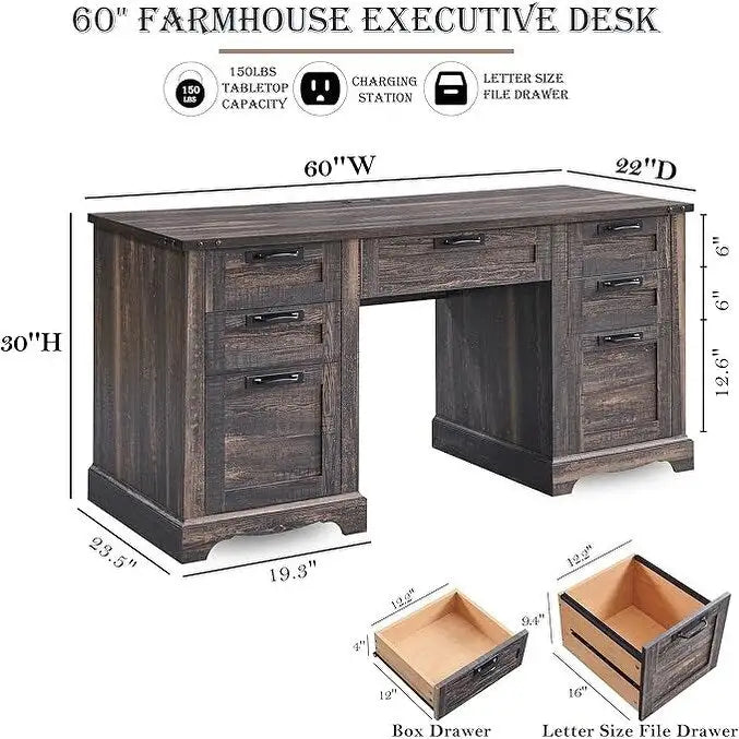 60" Farmhouse Executive Desk with Charging Station & File Drawer