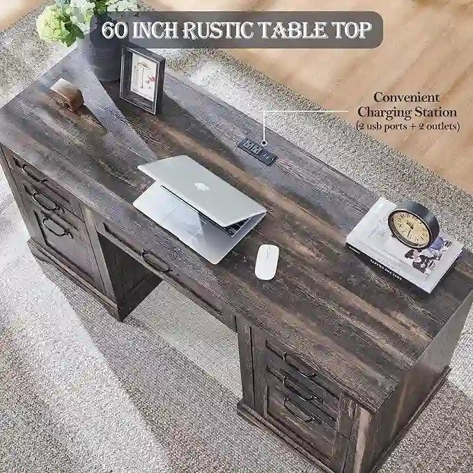 60" Farmhouse Executive Desk with Charging Station & File Drawer
