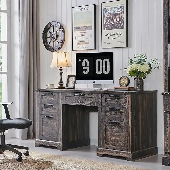 60" Farmhouse Executive Desk with Charging Station & File Drawer