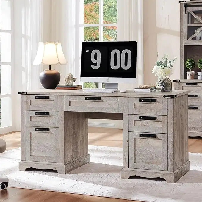 60" Farmhouse Executive Desk with Charging Station & File Drawer