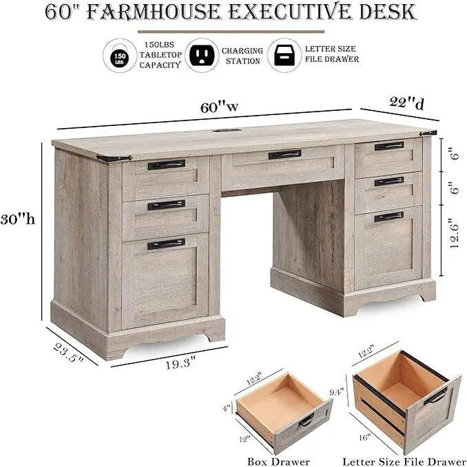 60" Farmhouse Executive Desk with Charging Station & File Drawer