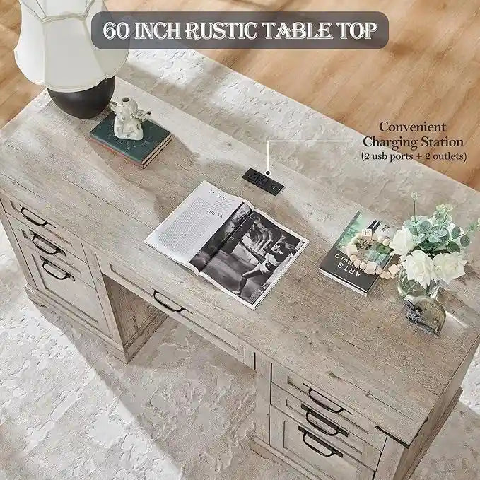 60" Farmhouse Executive Desk with Charging Station & File Drawer