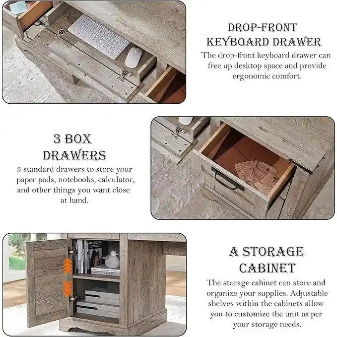 60" Farmhouse Executive Desk with Charging Station & File Drawer