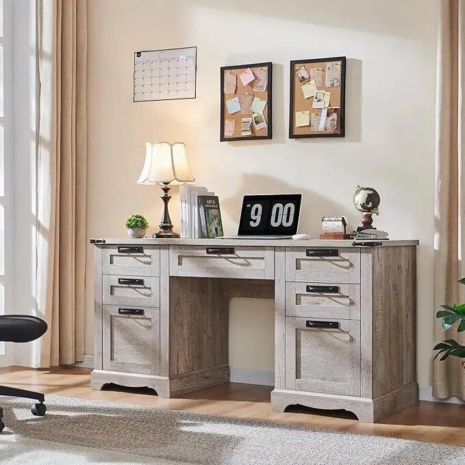 60" Farmhouse Executive Desk with Charging Station & File Drawer